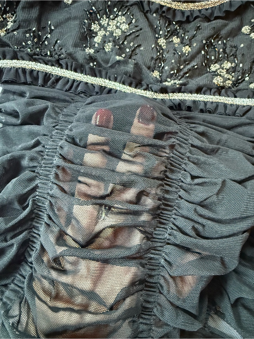Vintage Y2K Flora Nikrooz Beaded Sheer Black Ruched Mesh Fairycore Top Size M - Picture 2 of 8